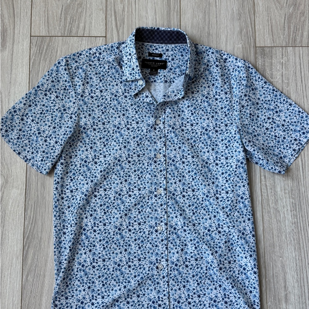 Pronto Uomo Blue and White Floral Button Down Shirt